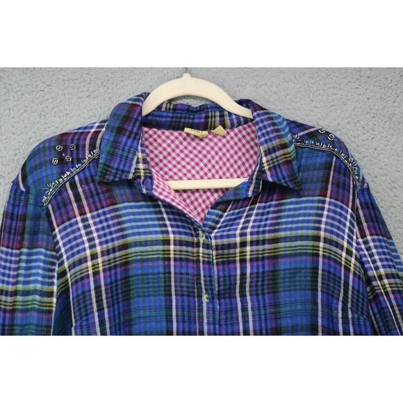 True Craft Gauzy Long Sleeve Plaid Button Up Dress-Size Large-Beaded - Picture 3 of 8